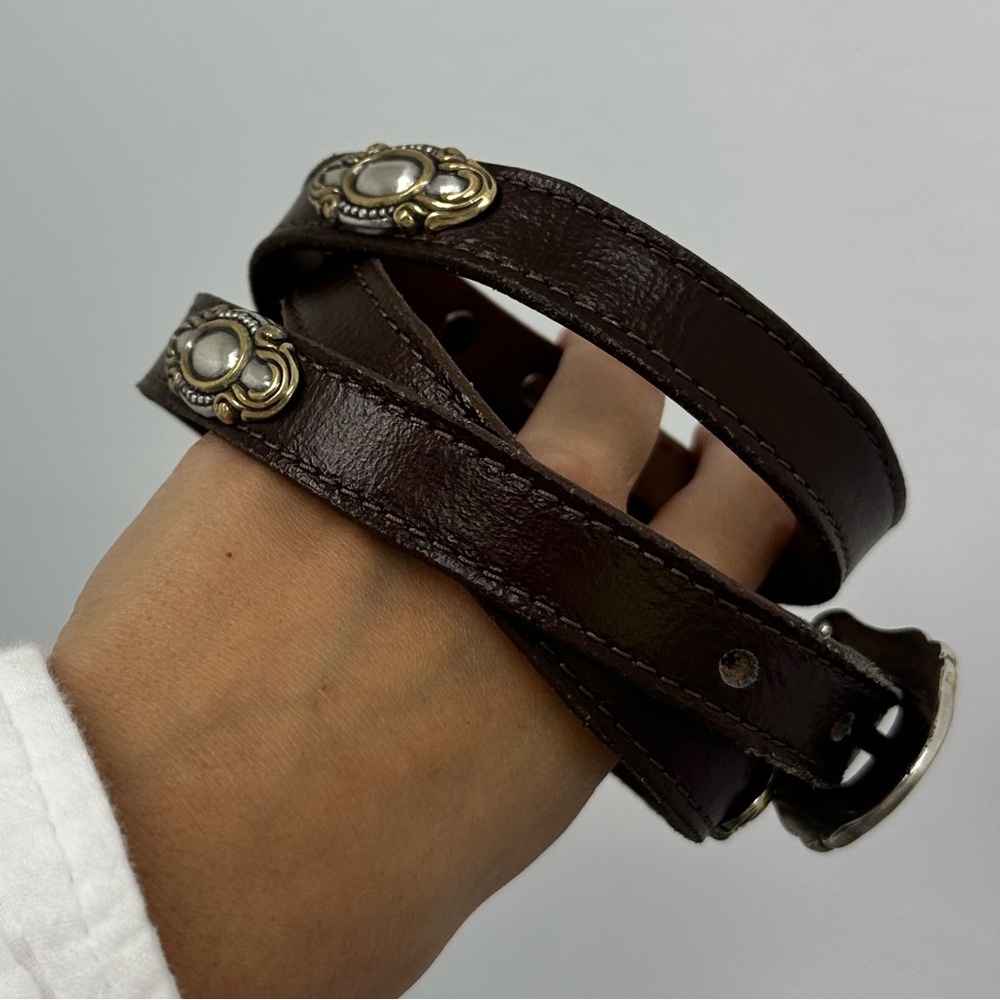 ⛔️SOLD⛔️Vintage Mixed Metal Two Tone Brown Leather Western Narrow Belt Adjustabl - Picture 4 of 9